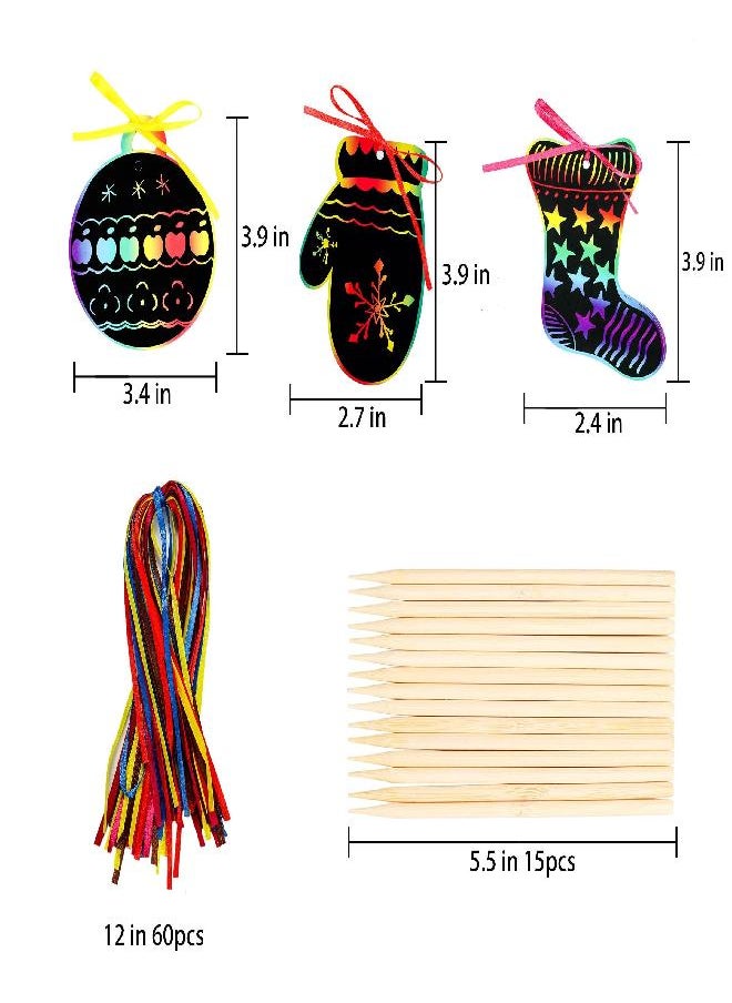 Christmas Scratch Art Paper,60 Pcs Crafts Kits Magic Rainbow Scratch Cards for Xmas Tree Ornaments and Kids Birthday Decoration,with 15 Pcs Drawing Sticks & 60 Pcs Cords