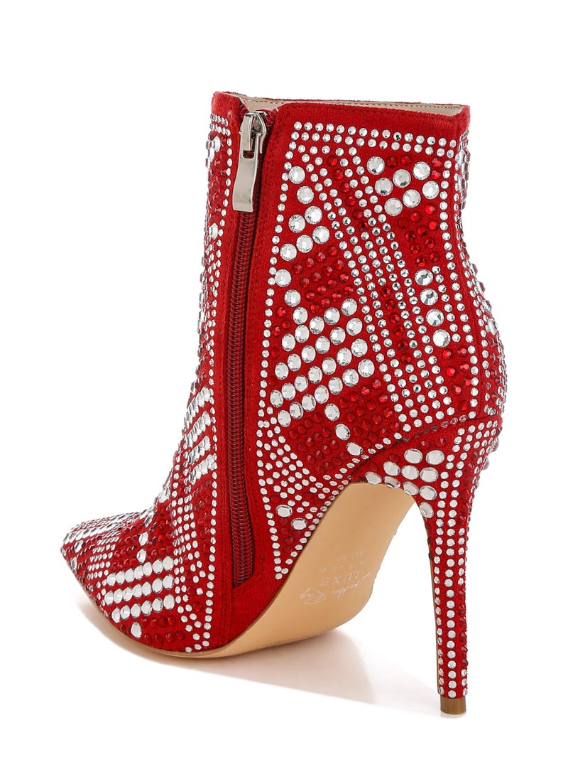 Rhinestones Studded Stiletto Heel Boots in Red