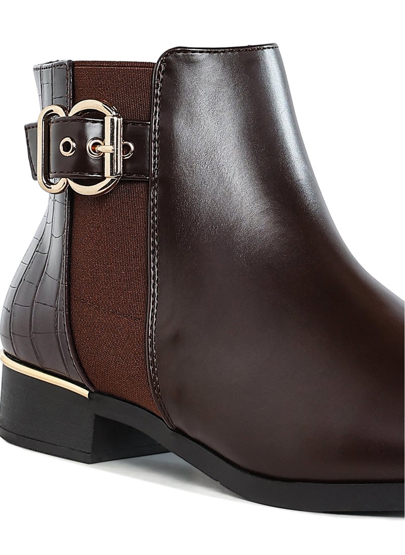 Buckled Faux Leather Ankle Boot in Brown