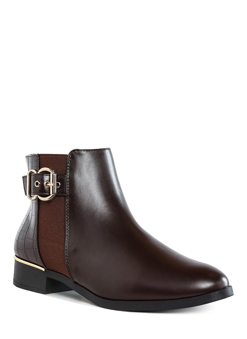 Buckled Faux Leather Ankle Boot in Brown