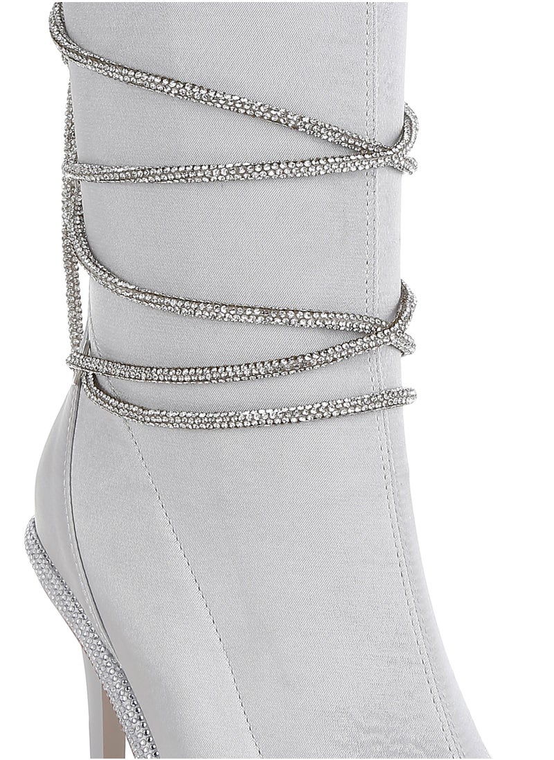 Rhinestones Strap Satin Calf Boots in Silver