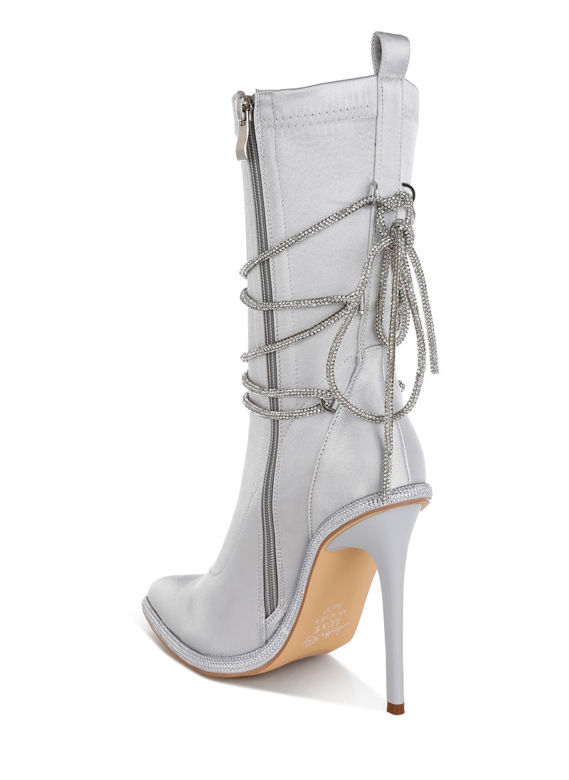 Rhinestones Strap Satin Calf Boots in Silver