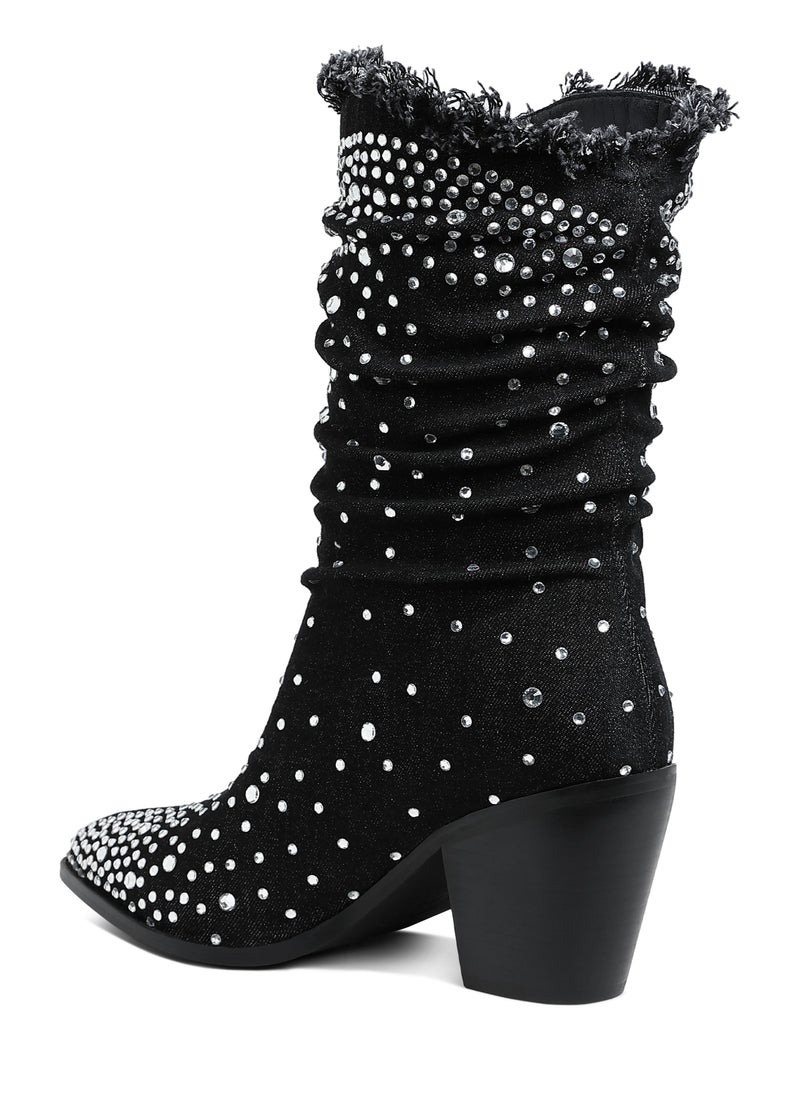 Diamante & Rhinestones Denim Boots in Black