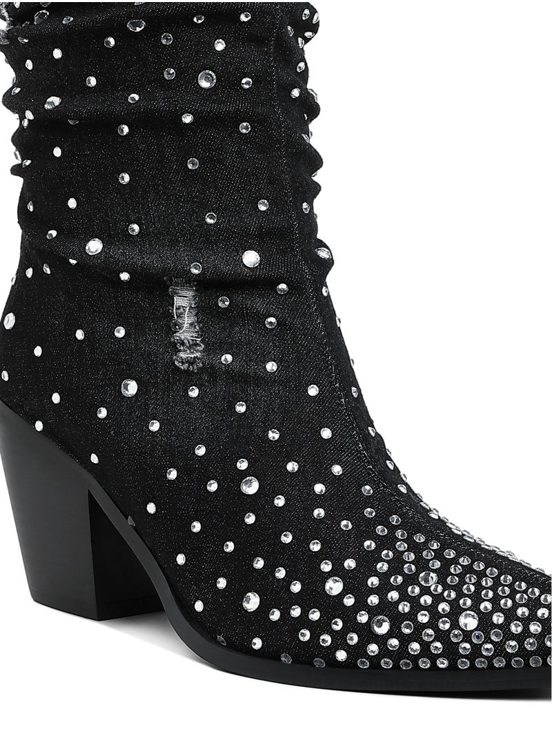 Diamante & Rhinestones Denim Boots in Black