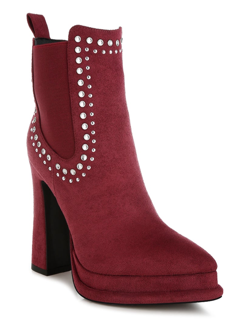 Studs Embellished High Ankle Boots in Burgundy