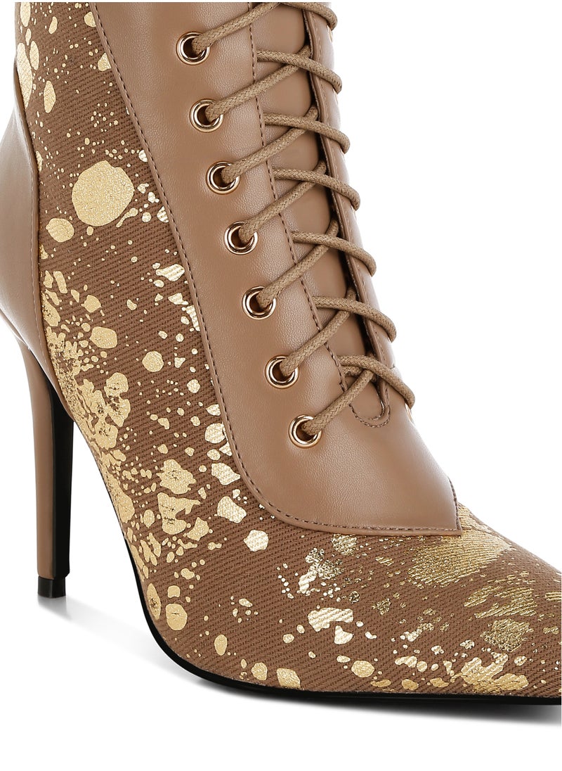 Abstract Pattern Lace-Up Ankle Boots in Brown