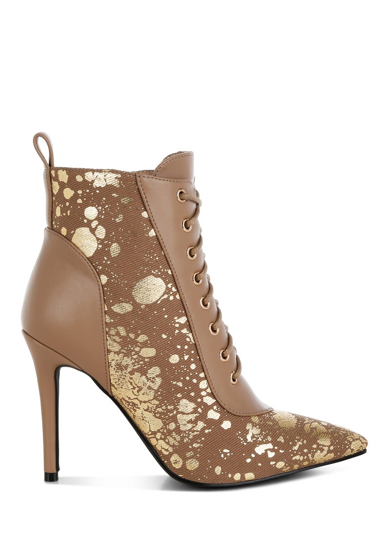 Abstract Pattern Lace-Up Ankle Boots in Brown