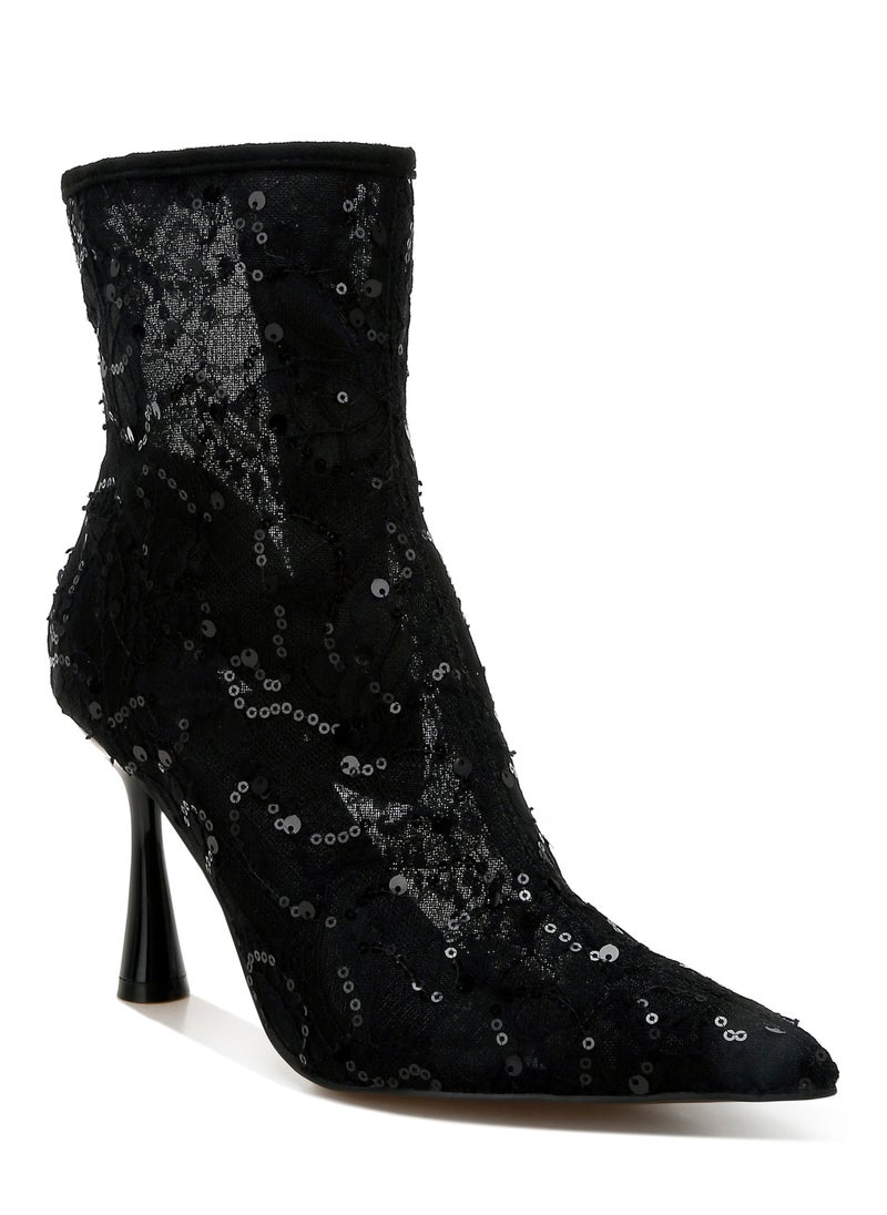 Sequin Lace Boots in Black