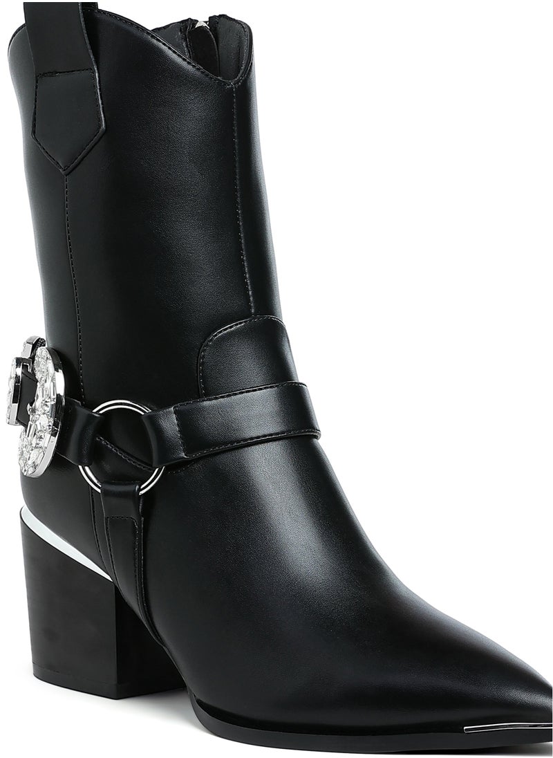 Diamante Embellished Pin Buckle Boots in Black