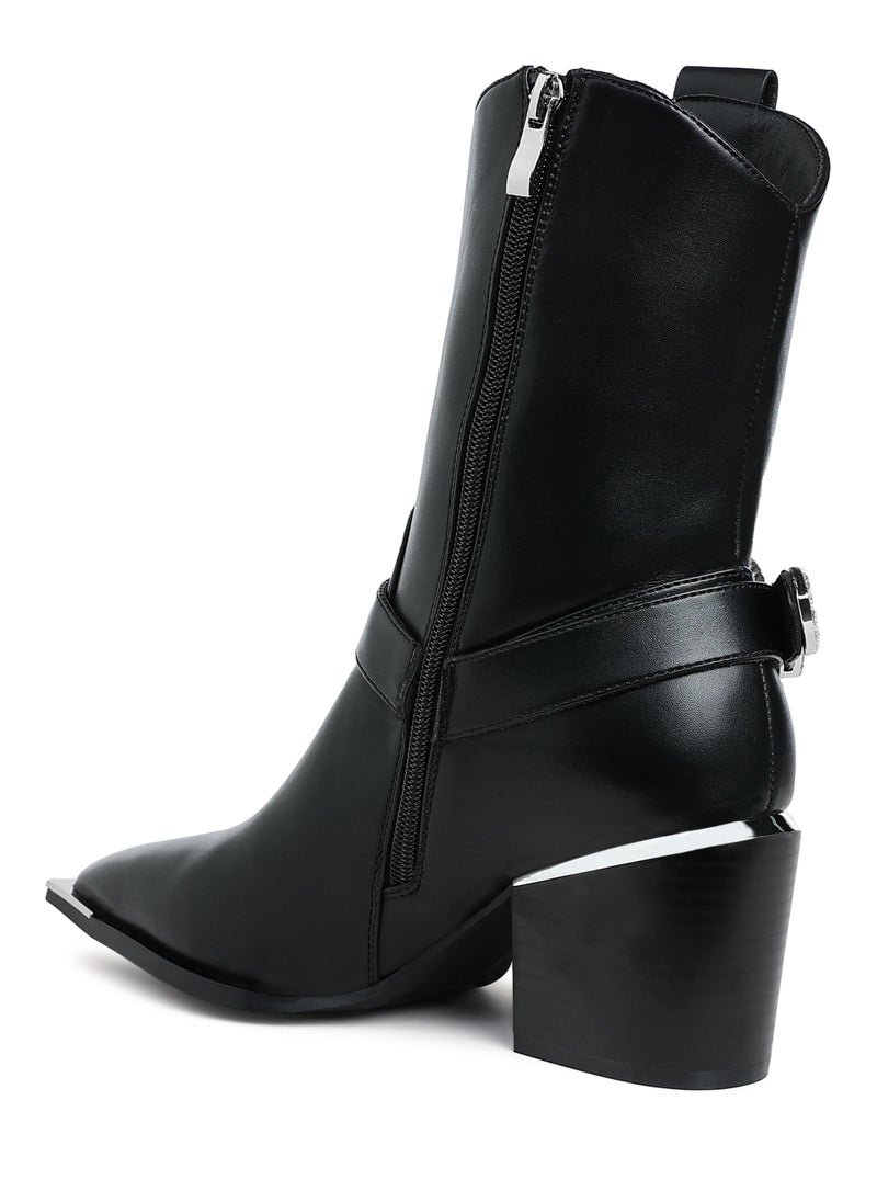 Diamante Embellished Pin Buckle Boots in Black