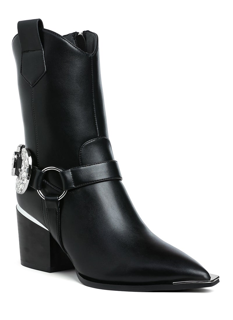 Diamante Embellished Pin Buckle Boots in Black