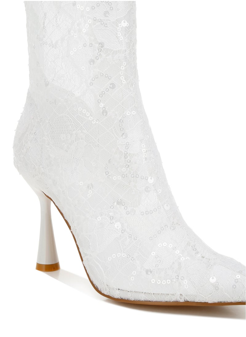 Sequin Lace Boots in White