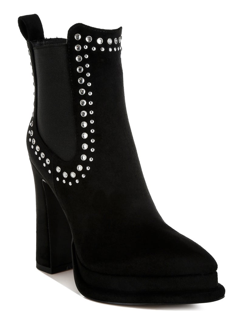 Studs Embellished High Ankle Boots in Black