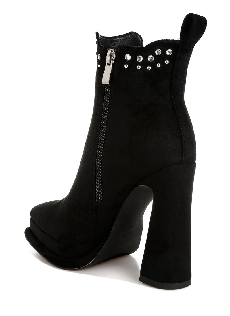 Studs Embellished High Ankle Boots in Black