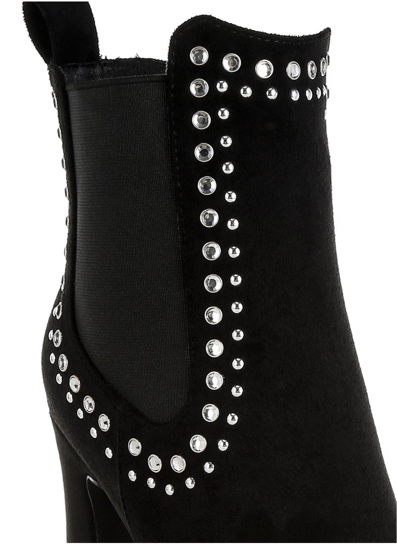 Studs Embellished High Ankle Boots in Black