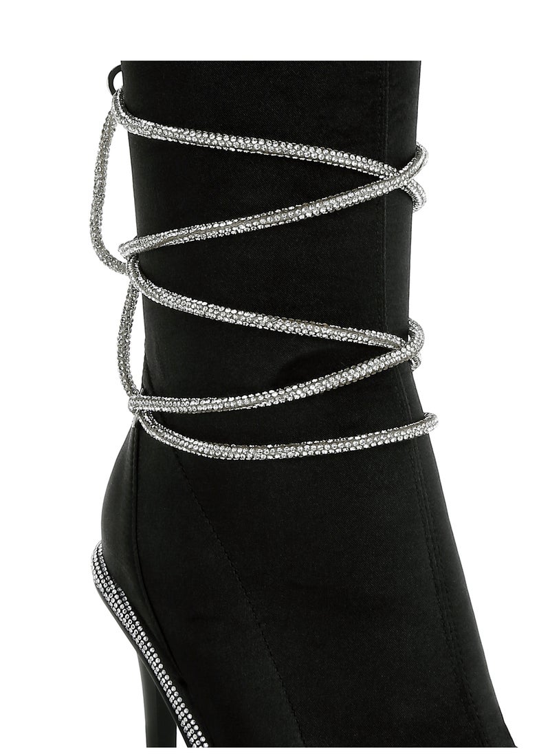 Rhinestones Strap Satin Calf Boots in Black