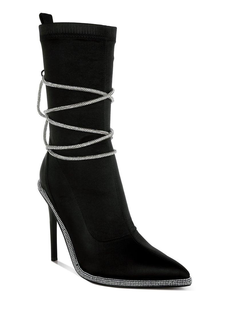 Rhinestones Strap Satin Calf Boots in Black