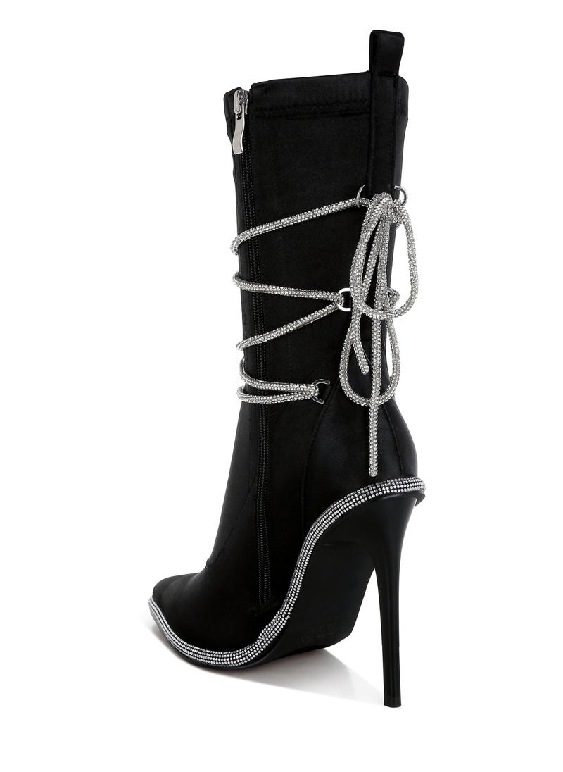 Rhinestones Strap Satin Calf Boots in Black