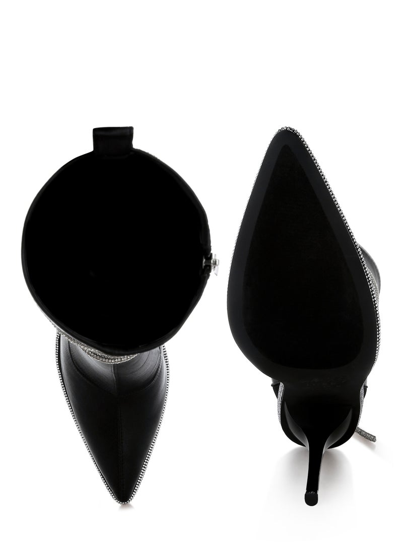 Rhinestones Strap Satin Calf Boots in Black
