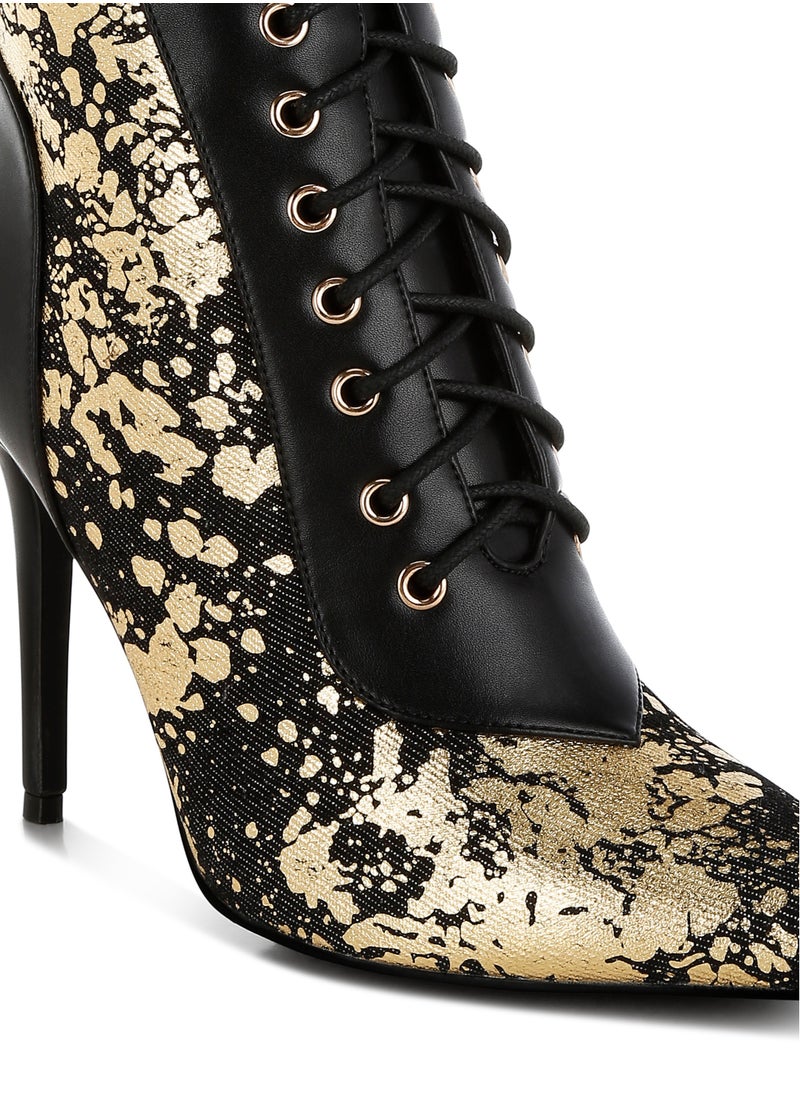 Black Abstract Pattern Lace-Up Ankle Boots