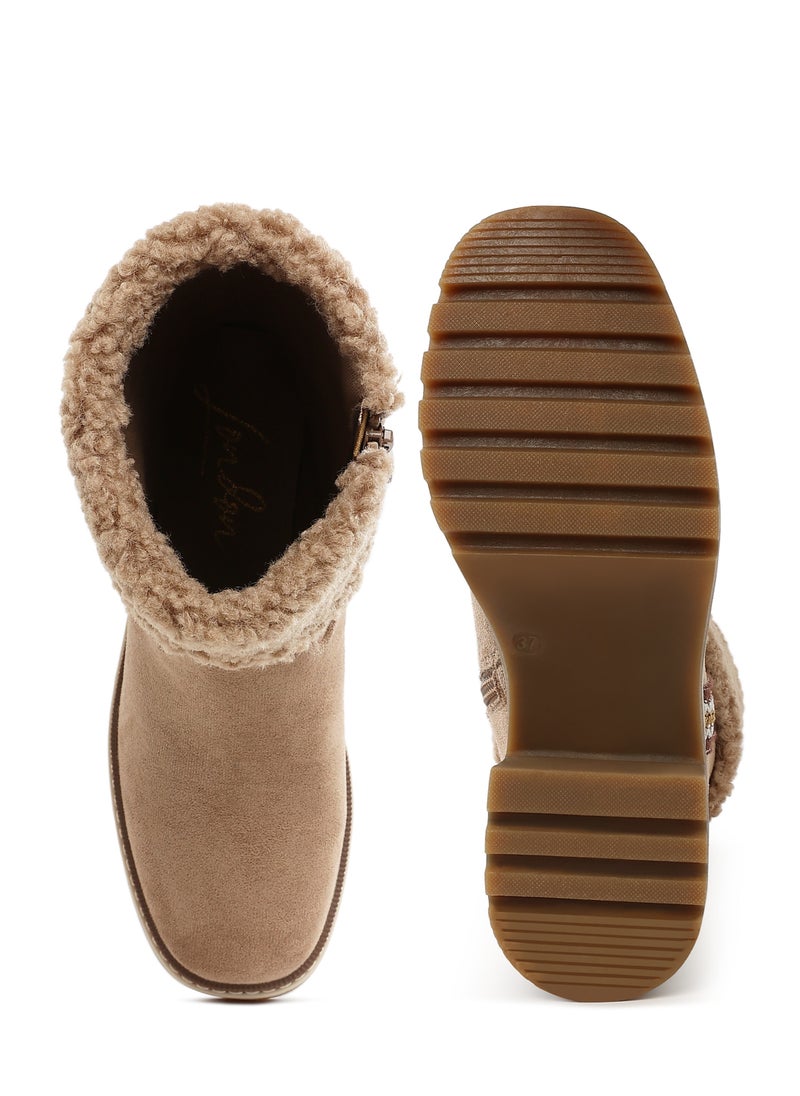Faux Fur & Embroidery Detail Boots in Beige