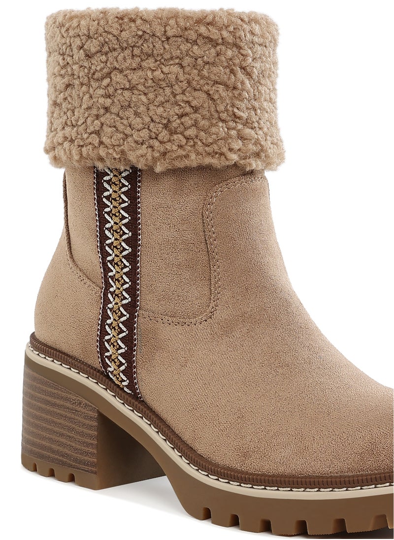 Faux Fur & Embroidery Detail Boots in Beige
