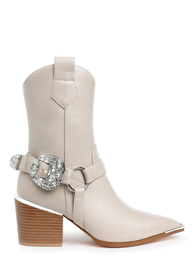 Diamante Embellished Pin Buckle Boots in Beige