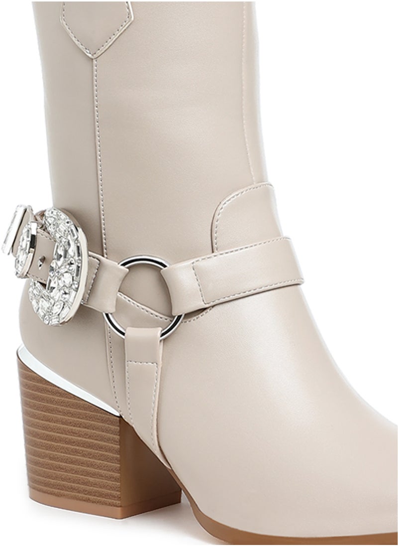 Diamante Embellished Pin Buckle Boots in Beige