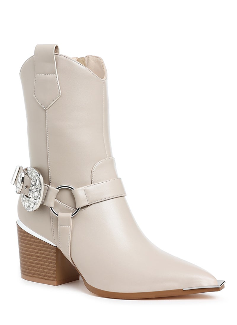 Diamante Embellished Pin Buckle Boots in Beige