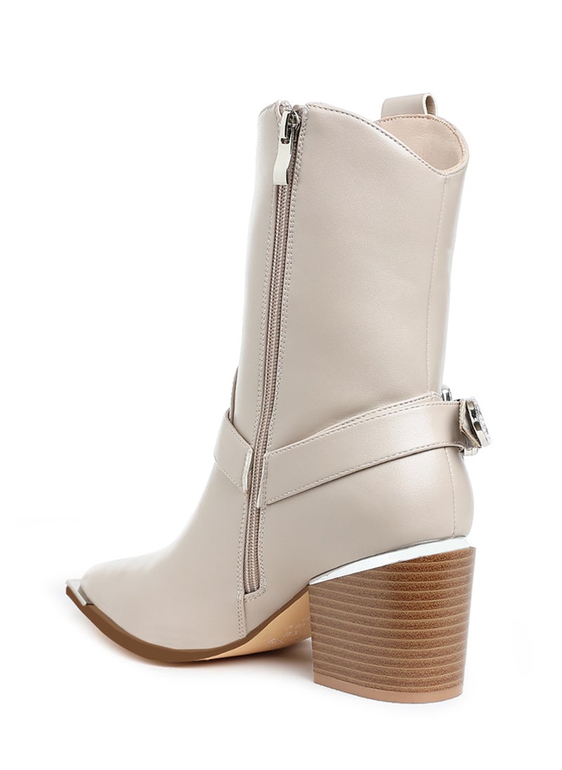 Diamante Embellished Pin Buckle Boots in Beige