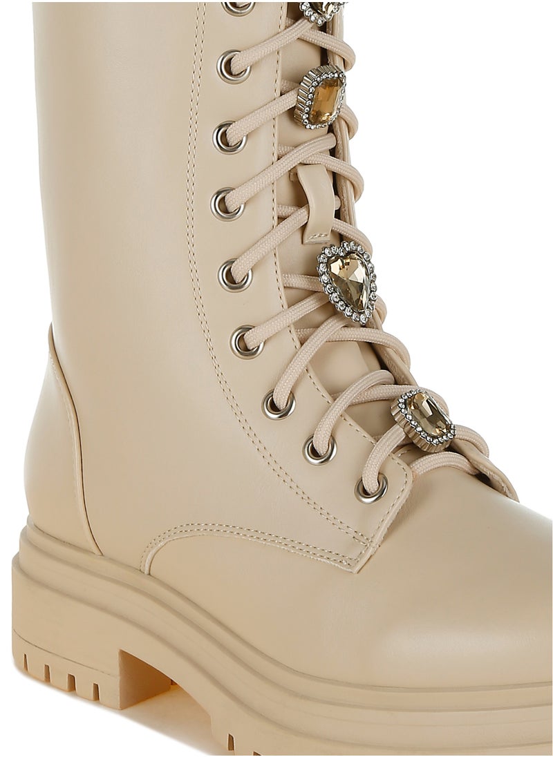 Rhinestone jewelled Chunky Boots in Beige