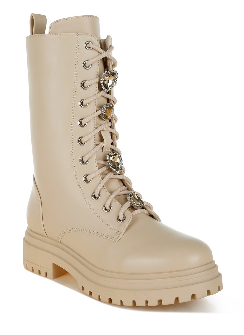 Rhinestone jewelled Chunky Boots in Beige