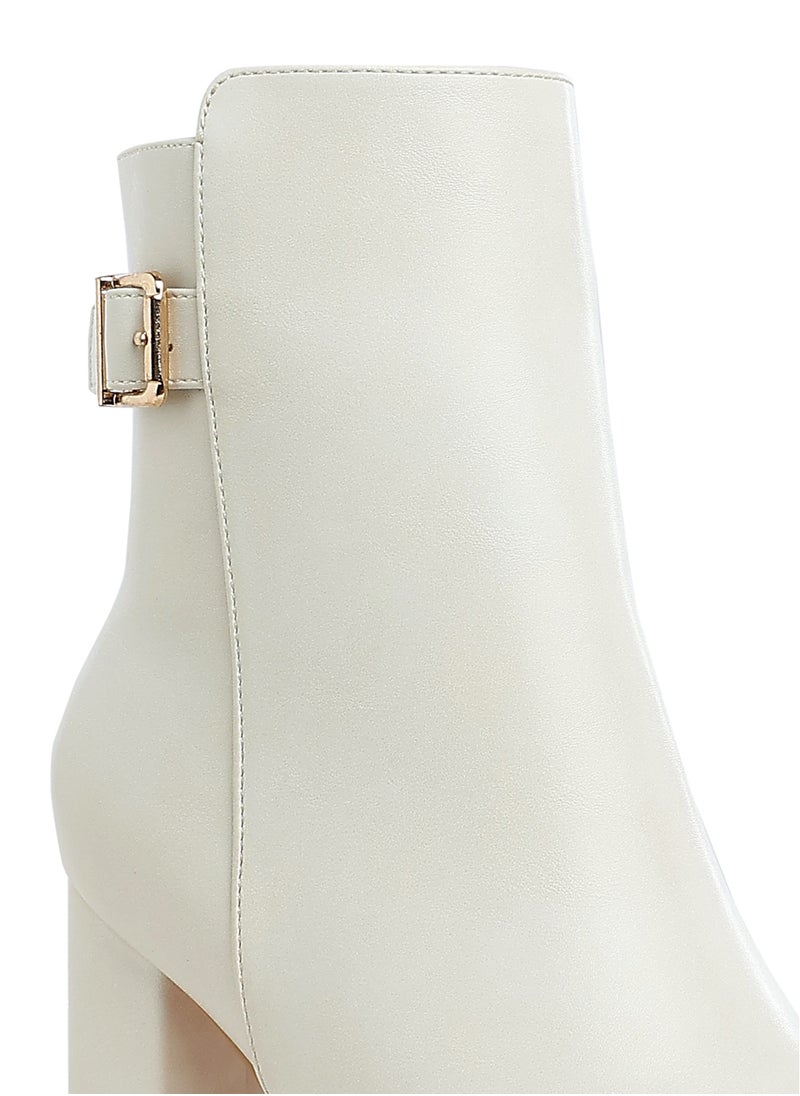 Belt Detail Block Heel Boots in Off White