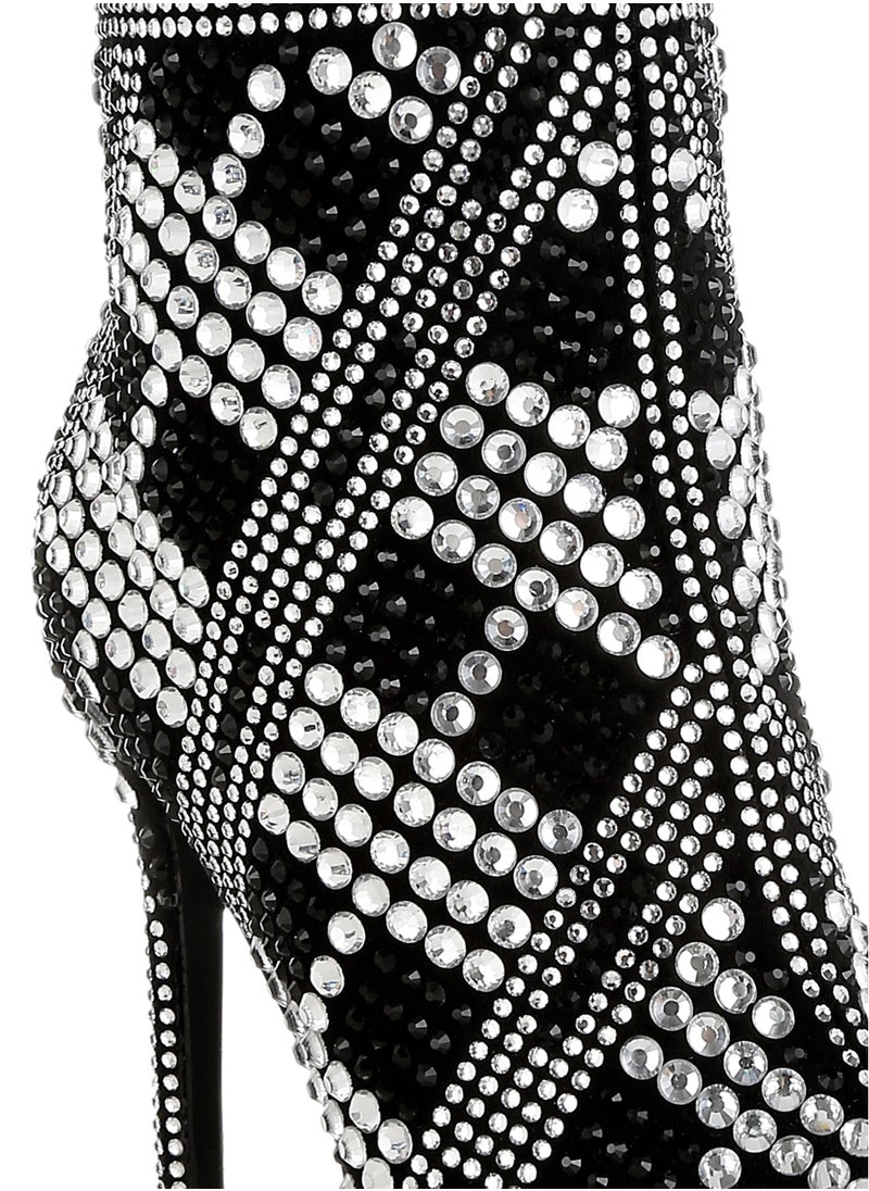 Rhinestones Studded Stiletto Heel Boots in Black