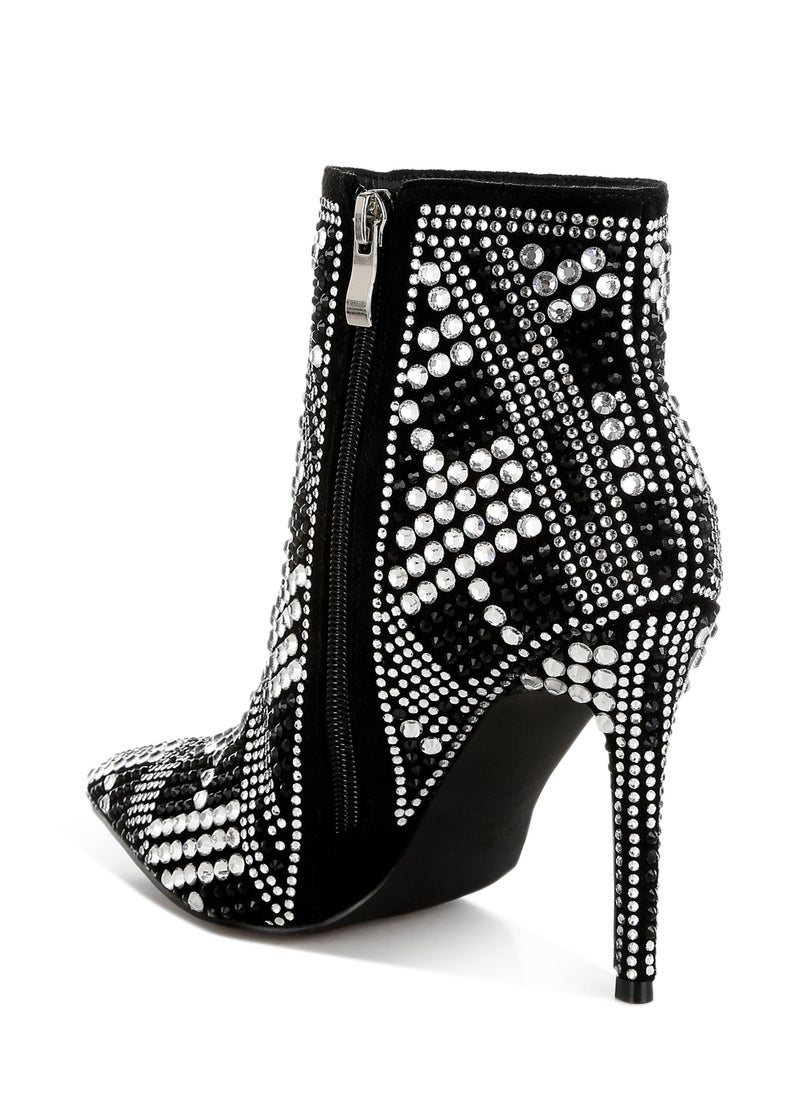 Rhinestones Studded Stiletto Heel Boots in Black