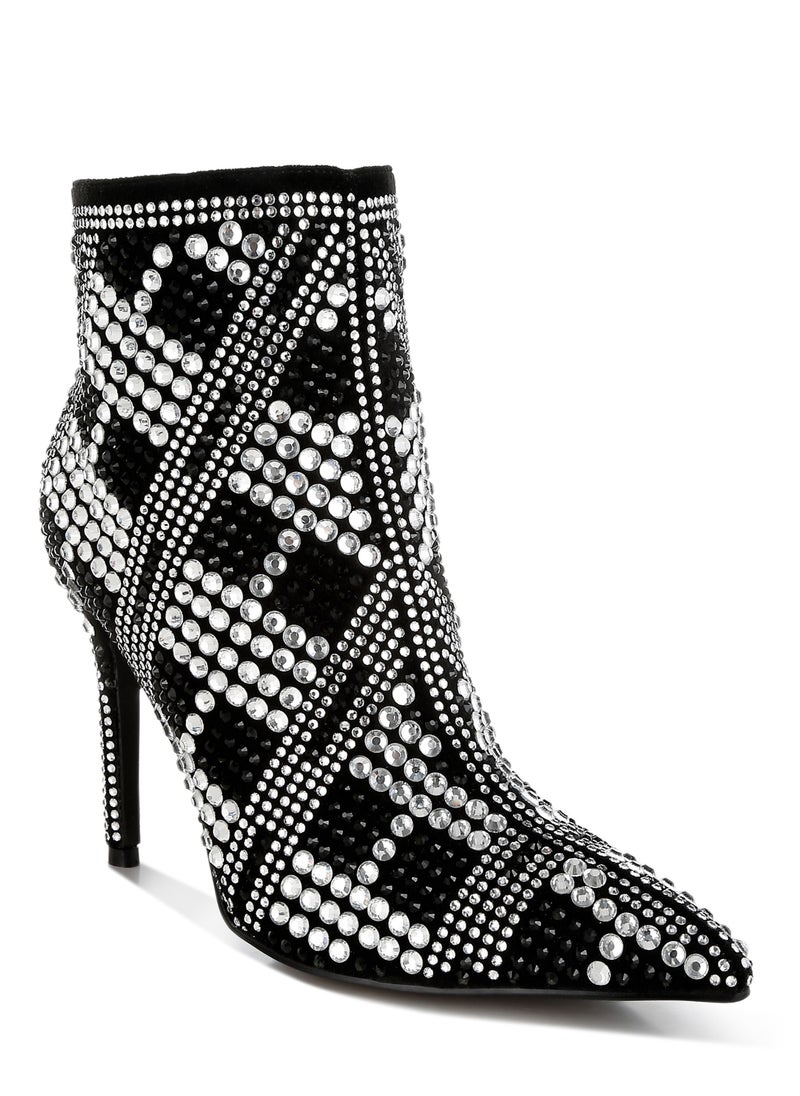 Rhinestones Studded Stiletto Heel Boots in Black