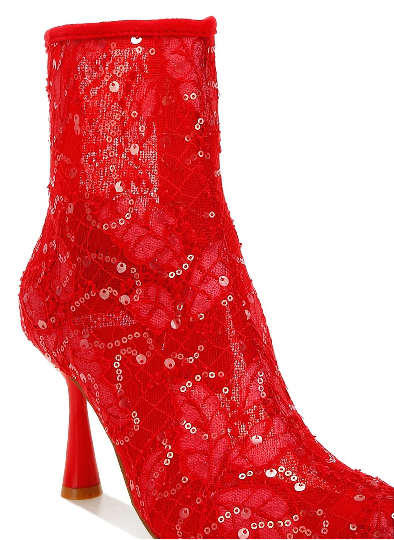 Sequin Lace Boots in Red