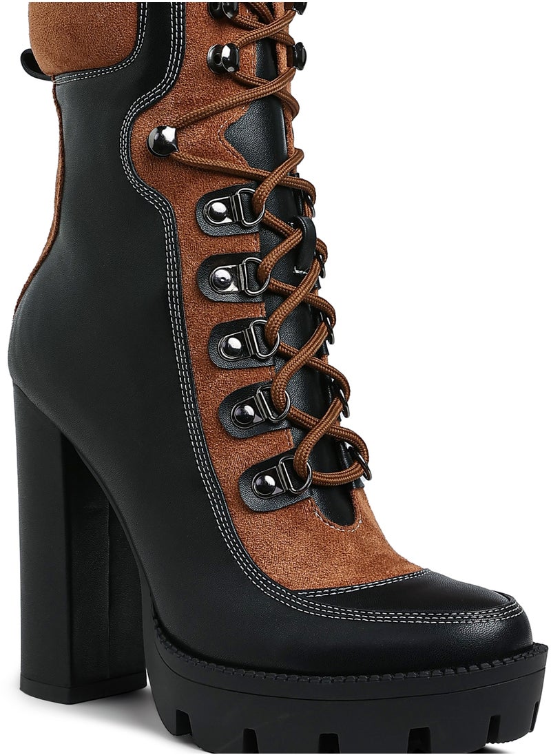 High Heel Lace-Up Biker Boot in Tan Black