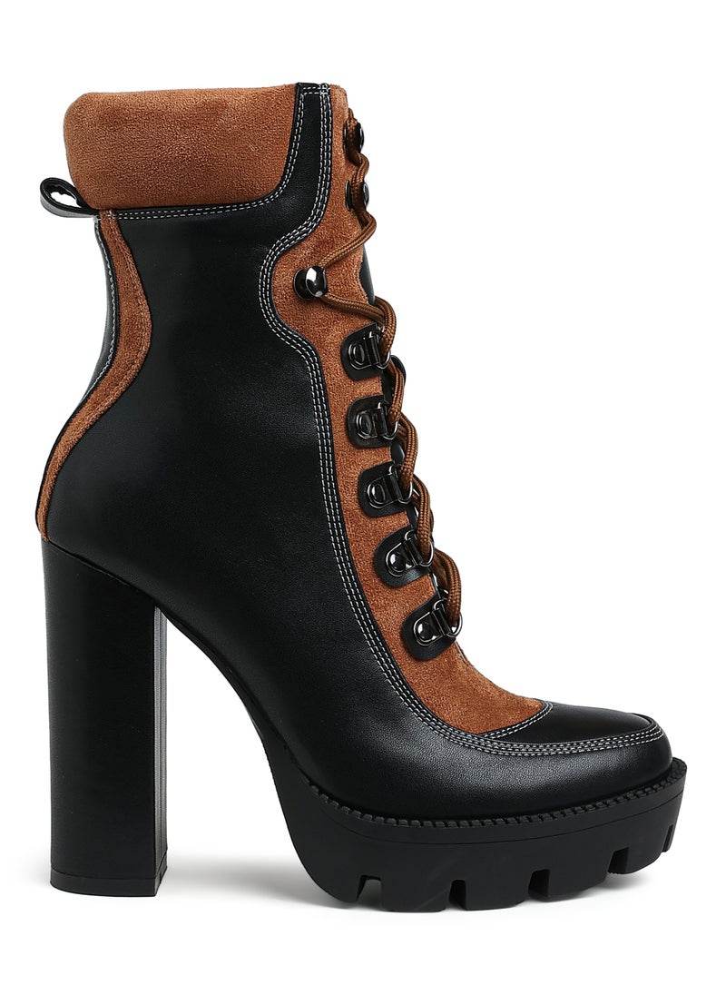 High Heel Lace-Up Biker Boot in Tan Black