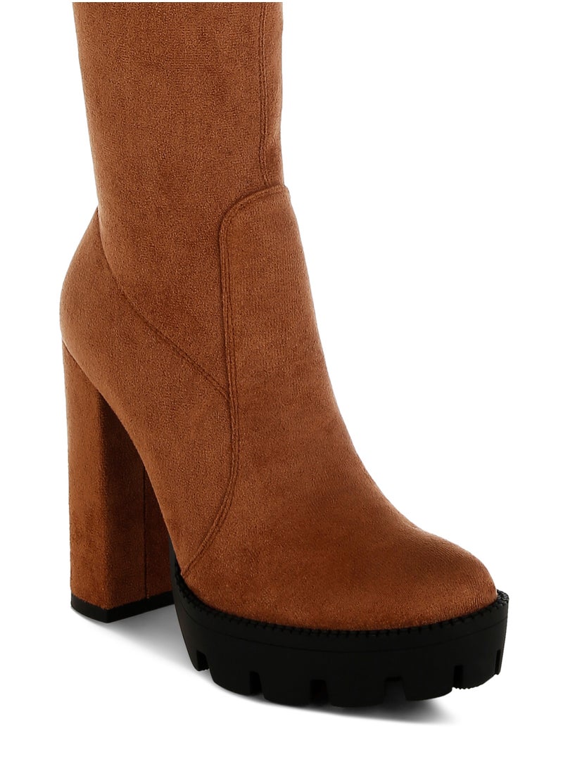 Tan High Block Heeled Faux Suede Long Boots