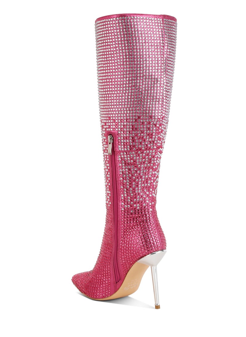 Shiny Rhinestone Studded Calf Boots in Pink