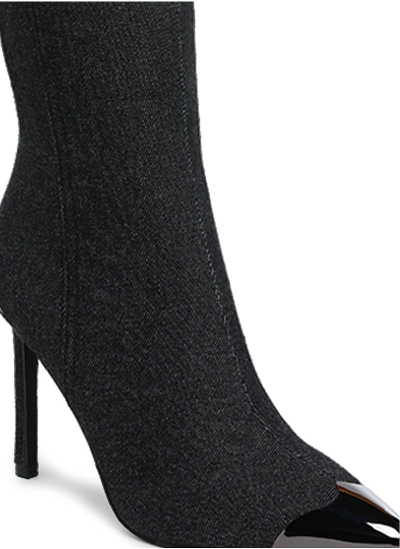Metallic Cap Toe Denim Boots in Black
