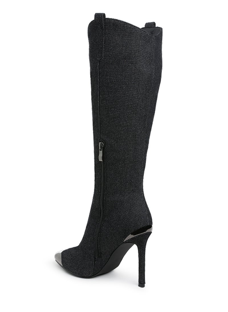 Metallic Cap Toe Denim Boots in Black