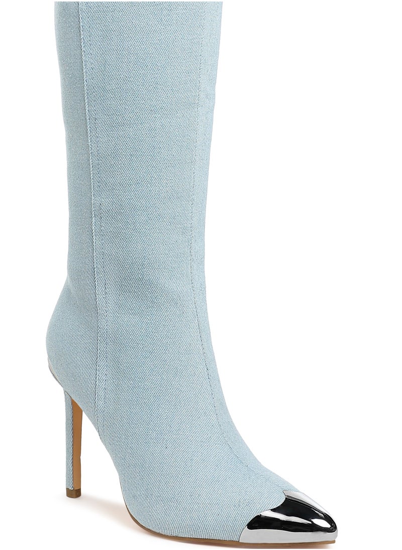 Metallic Cap Toe Denim Boots in Blue