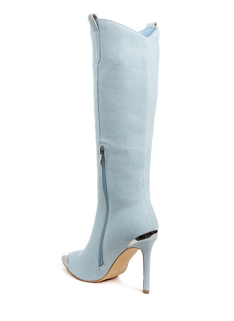 Metallic Cap Toe Denim Boots in Blue