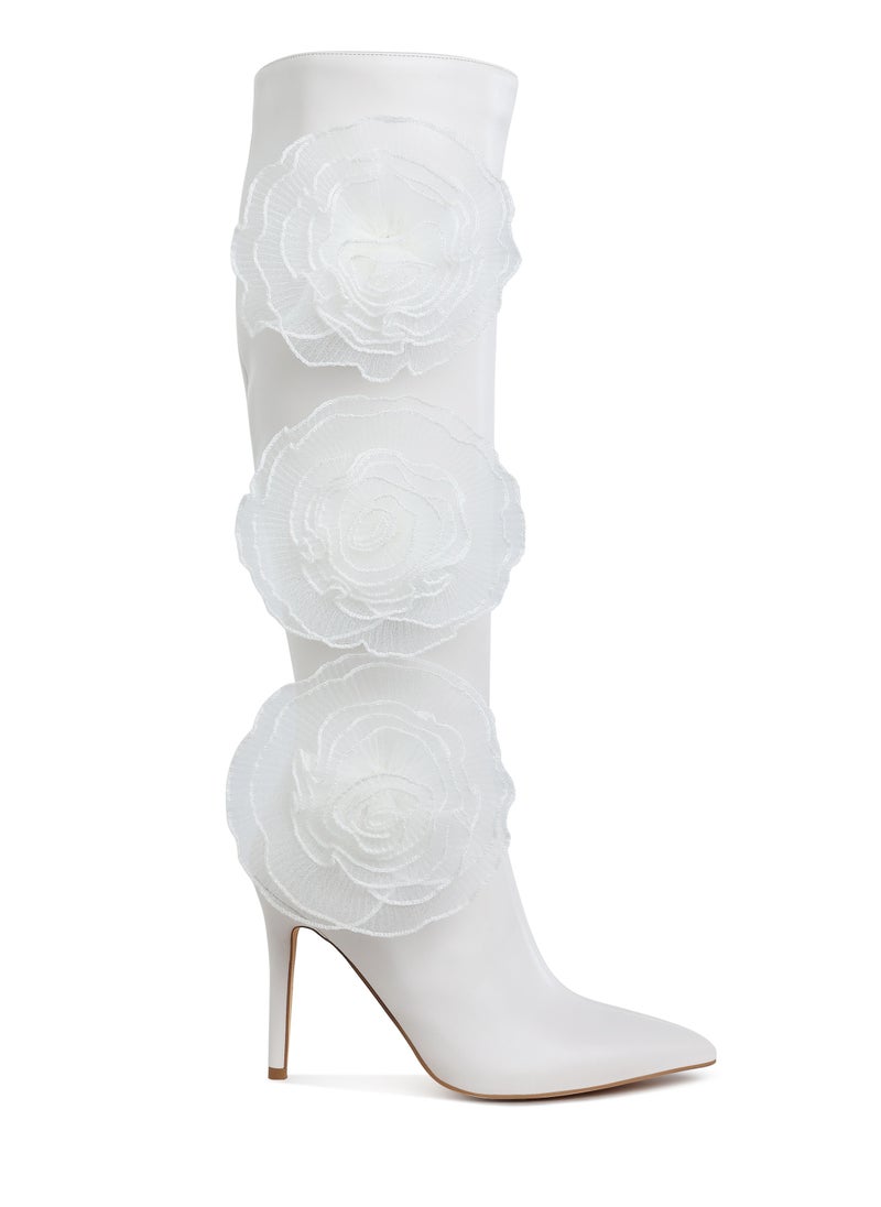 Sheer Big Rose Detail Long Boots in White