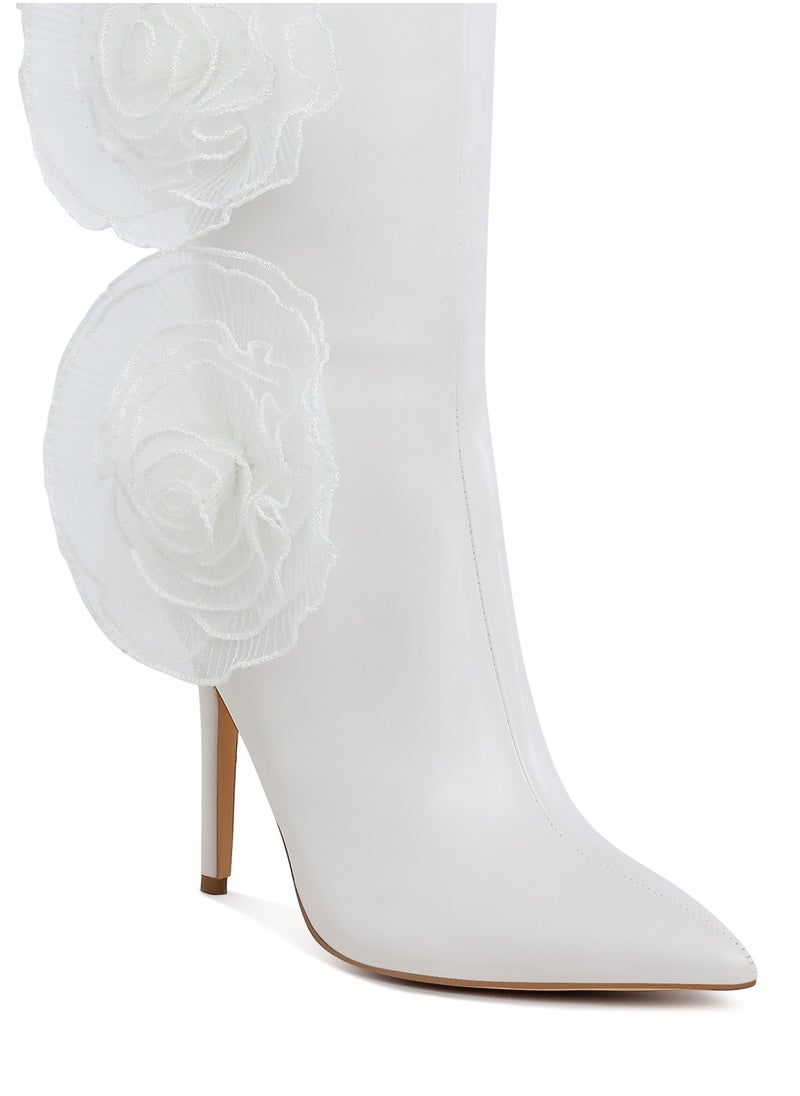 Sheer Big Rose Detail Long Boots in White