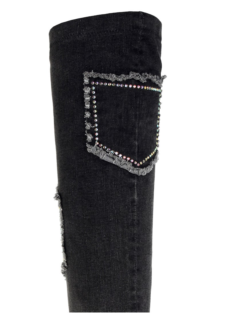 Rhinestones Knee High Denim Boots in Black
