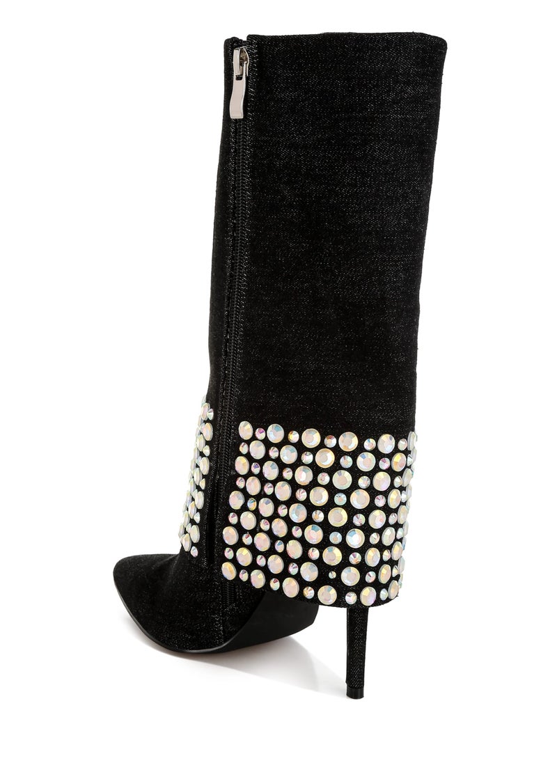 Diamante & Rhinestones Denim Boots in Black