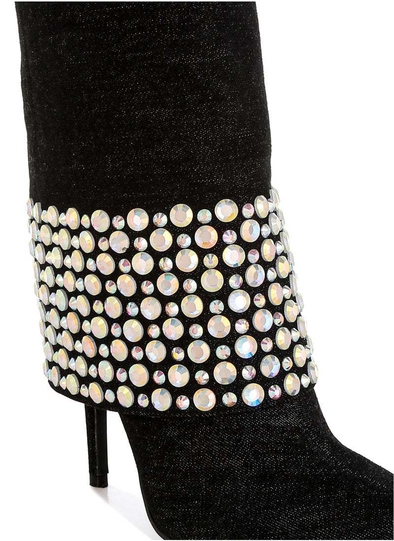 Diamante & Rhinestones Denim Boots in Black